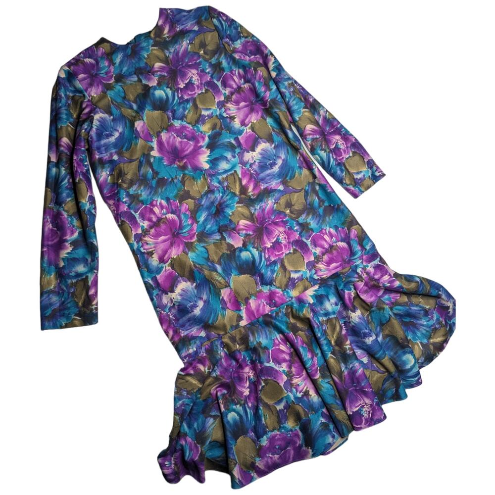 Vtg 1980s Green Purple Floral Felt Drop Waist Ruffle Long Sleeve Midi Dress 10